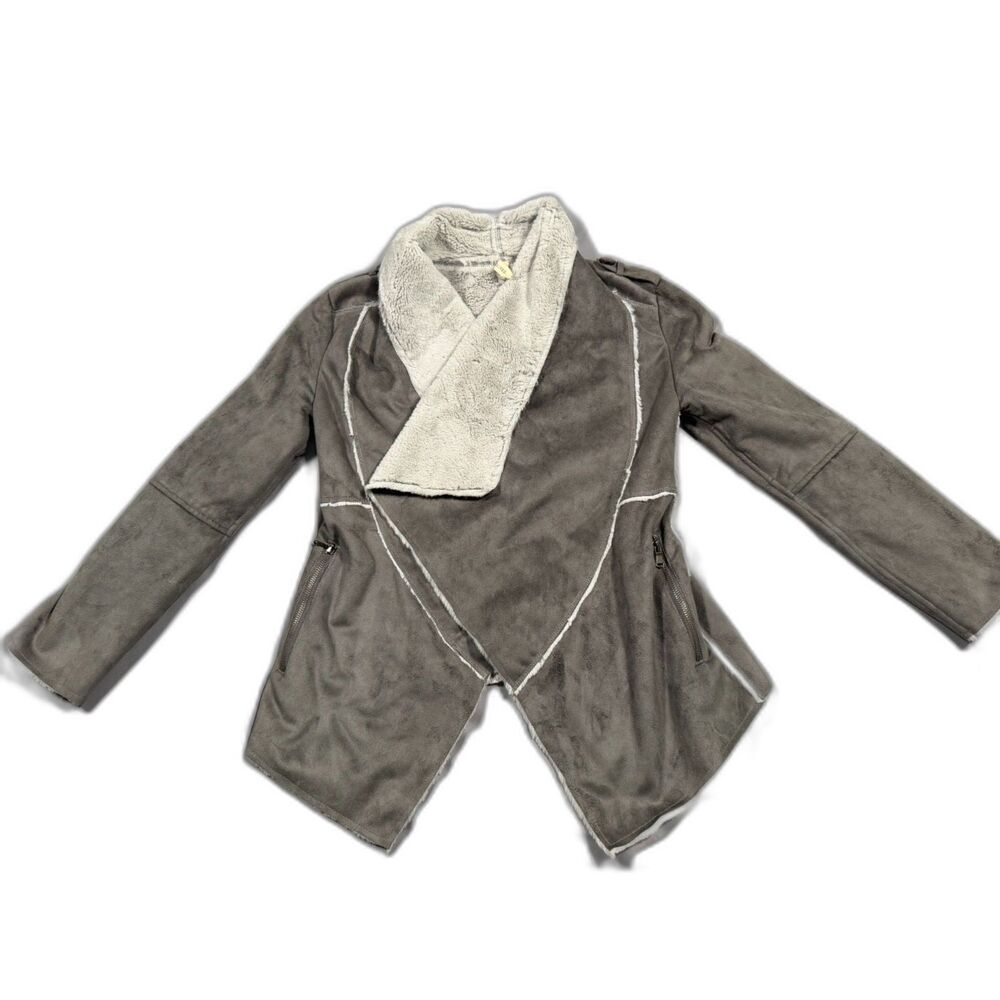 My Beloved Gray Faux Suede Shearling Moto Jacket Small Asymmetric Zip Fur Lined